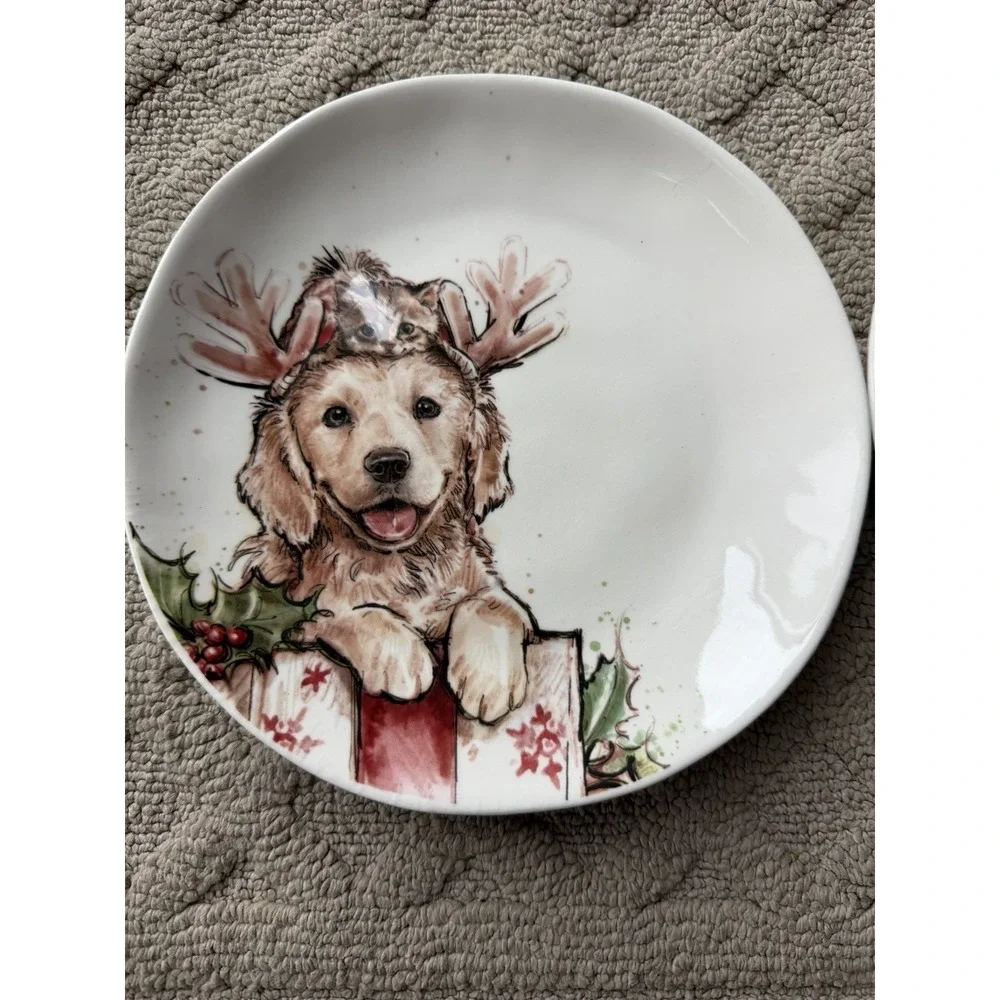 NEW, Set of 2 Christmas Yellow Labrador Puppy/Kitten Dog‎ Plates